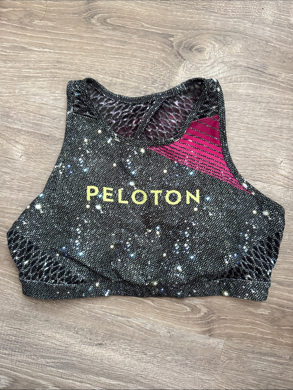 Peloton Black Galaxy Racerback Sports Bra with Pink Accent